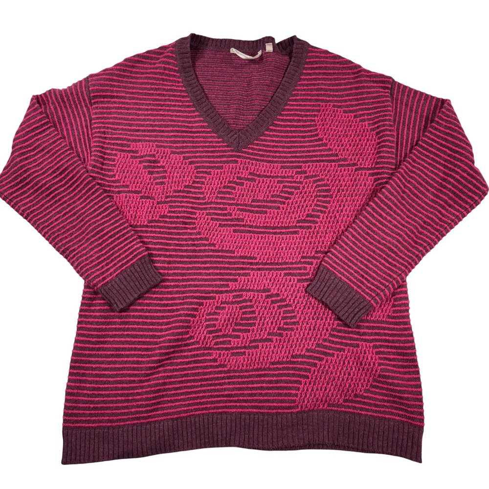 Soft Surroundings Wool Blend Medium Striped Floral V-Neck Knit Sweater Womens‎